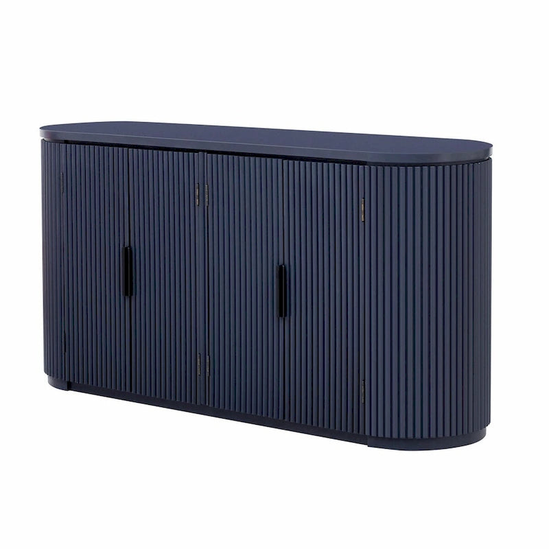 Armoire de rangement à portes rayées verticales avec poignées en métal, étagères réglables