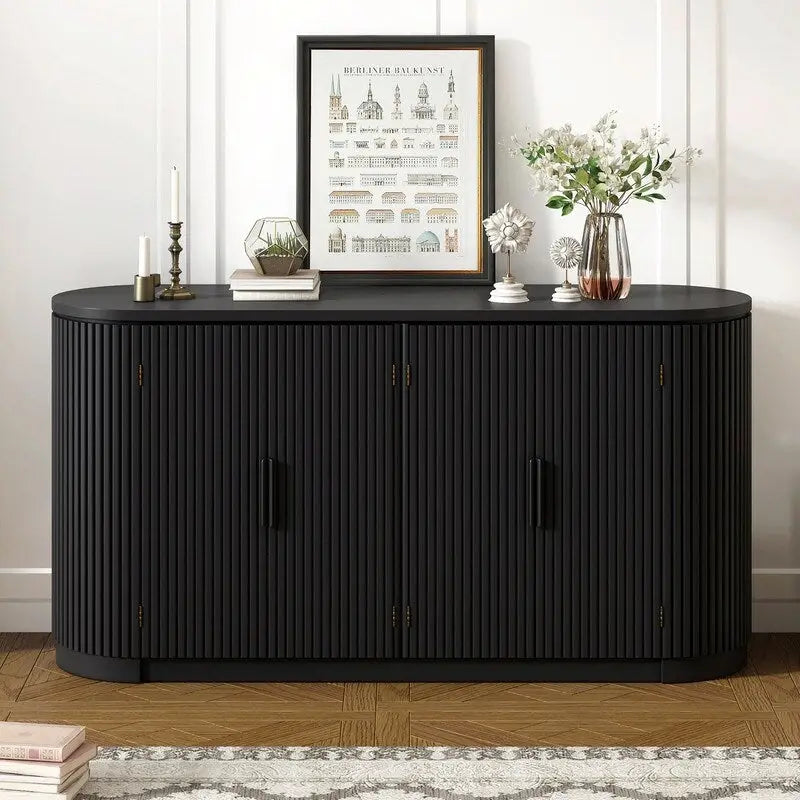 Armoire de rangement à portes rayées verticales avec poignées en métal, étagères réglables