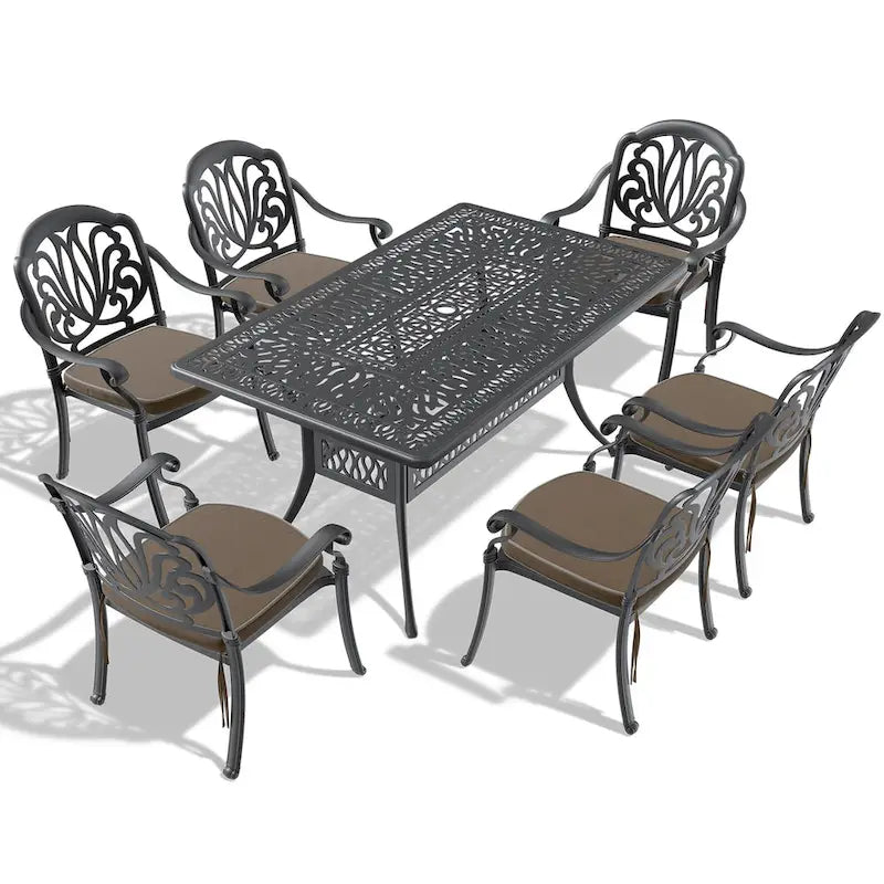 Ensemble patio 7 pièces en aluminium, 6 fauteuils avec coussins aux couleurs aléatoires avec 1 table avec trou pour parasol