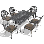 Ensemble patio 7 pièces en aluminium, 6 fauteuils avec coussins aux couleurs aléatoires avec 1 table avec trou pour parasol