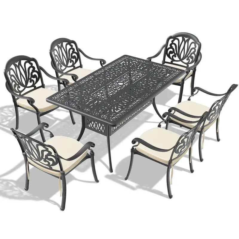 Ensemble patio 7 pièces en aluminium, 6 fauteuils avec coussins aux couleurs aléatoires avec 1 table avec trou pour parasol