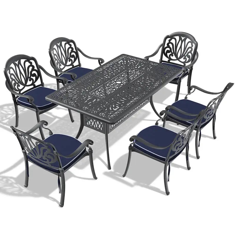 Ensemble patio 7 pièces en aluminium, 6 fauteuils avec coussins aux couleurs aléatoires avec 1 table avec trou pour parasol