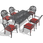 Ensemble patio 7 pièces en aluminium, 6 fauteuils avec coussins aux couleurs aléatoires avec 1 table avec trou pour parasol