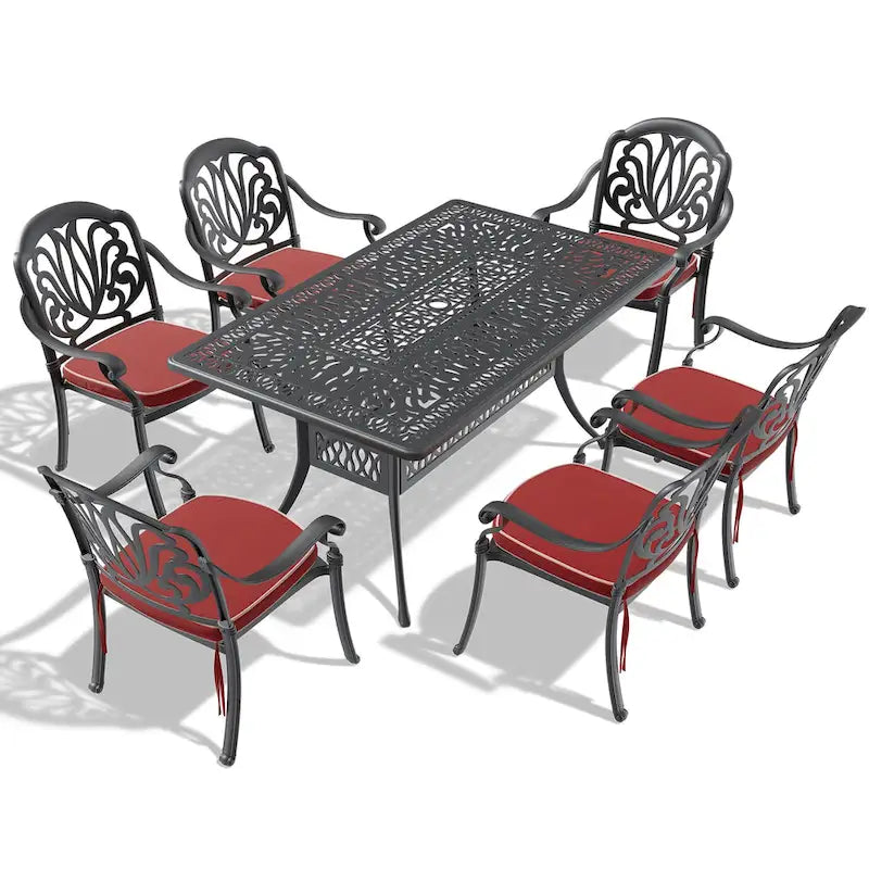 Ensemble patio 7 pièces en aluminium, 6 fauteuils avec coussins aux couleurs aléatoires avec 1 table avec trou pour parasol
