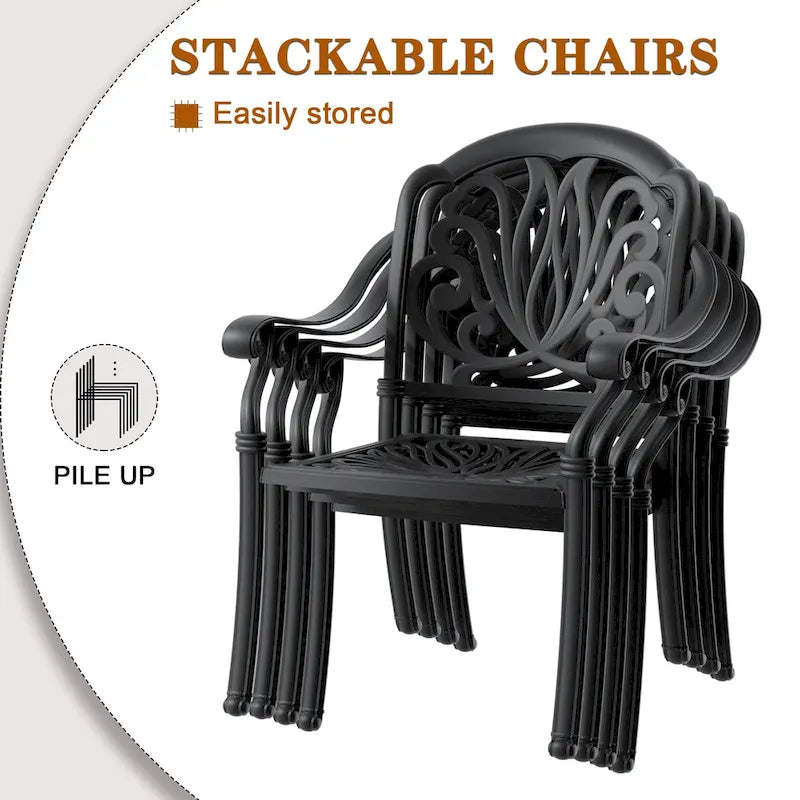 Ensemble patio 7 pièces en aluminium, 6 fauteuils avec coussins aux couleurs aléatoires avec 1 table avec trou pour parasol