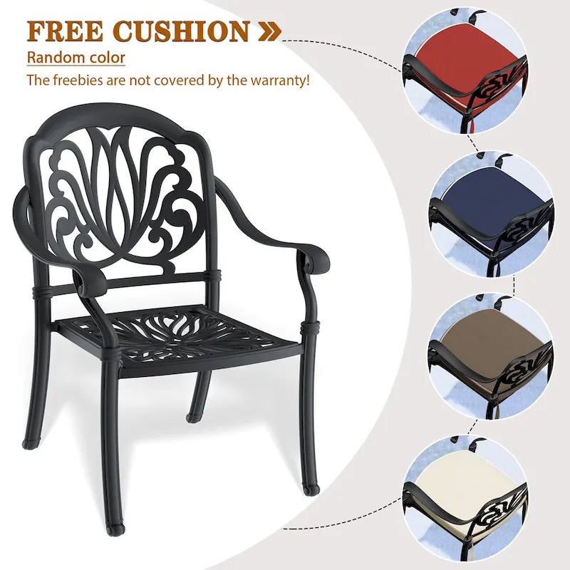 Ensemble patio 7 pièces en aluminium, 6 fauteuils avec coussins aux couleurs aléatoires avec 1 table avec trou pour parasol