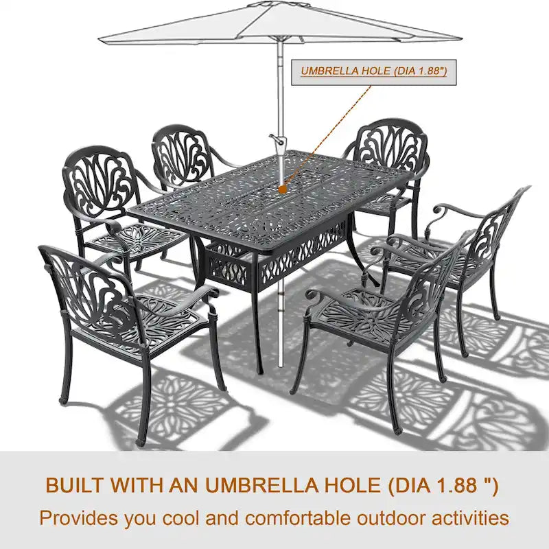 Ensemble patio 7 pièces en aluminium, 6 fauteuils avec coussins aux couleurs aléatoires avec 1 table avec trou pour parasol