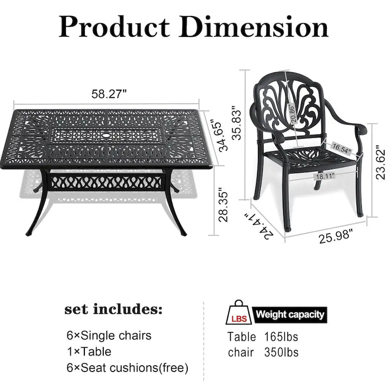 Ensemble patio 7 pièces en aluminium, 6 fauteuils avec coussins aux couleurs aléatoires avec 1 table avec trou pour parasol