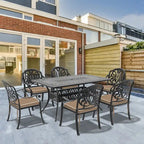 Ensemble patio 7 pièces en aluminium, 6 fauteuils avec coussins aux couleurs aléatoires avec 1 table avec trou pour parasol