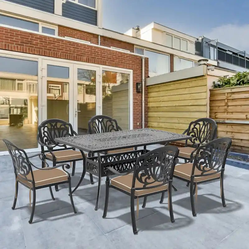 Ensemble patio 7 pièces en aluminium, 6 fauteuils avec coussins aux couleurs aléatoires avec 1 table avec trou pour parasol