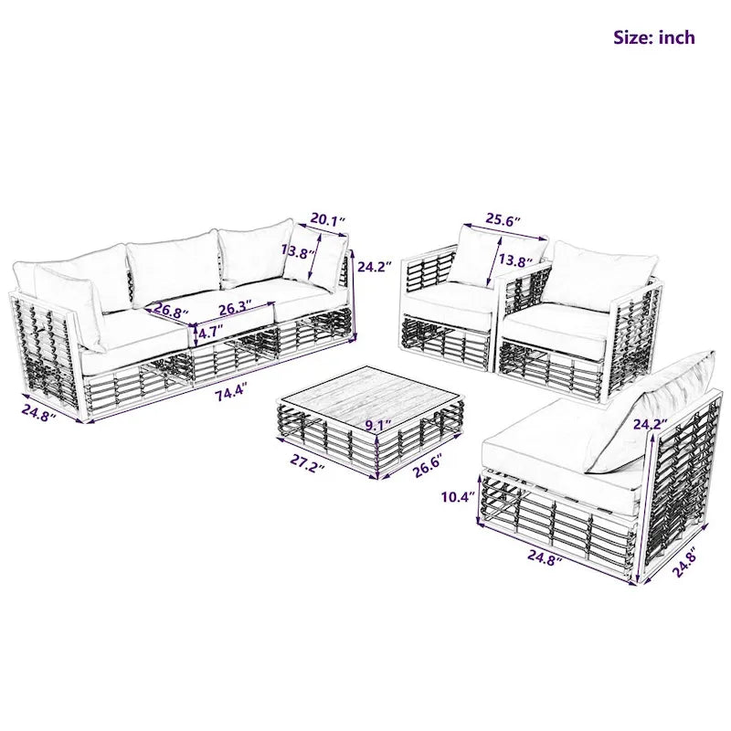 Ensemble de canapé d'angle de patio, ensemble de meubles de conversation de jardin, 7 pièces