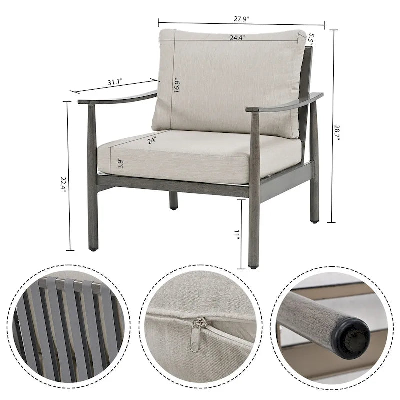 Ensemble de conversation d'extérieur 6 pièces en aluminium, canapé 2 places avec table basse et coussins