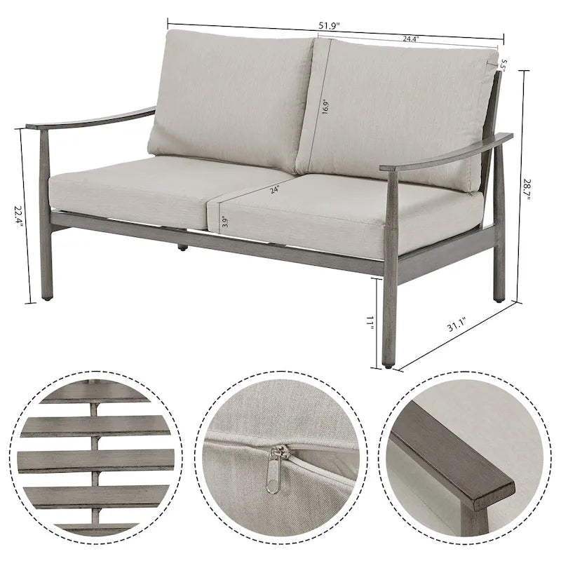 Ensemble de conversation d'extérieur 6 pièces en aluminium, canapé 2 places avec table basse et coussins