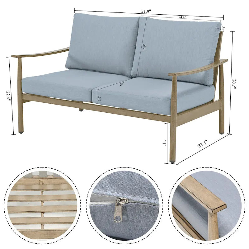 Ensemble de conversation d'extérieur 6 pièces en aluminium, canapé 2 places avec table basse et coussins