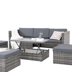 Meubles de jardin de terrasse, meubles en rotin PE saisonniers, ensemble de 5 meubles en rotin, table basse élévatrice en contreplaqué, avec canapé-méridienne