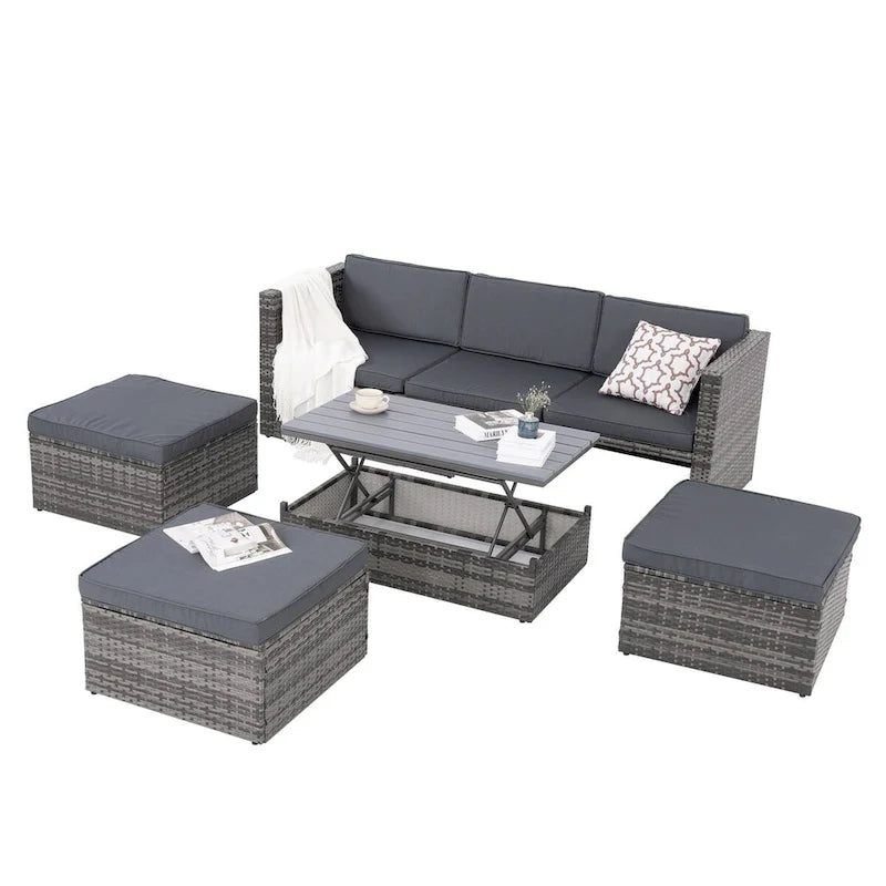 Meubles de jardin de terrasse, meubles en rotin PE saisonniers, ensemble de 5 meubles en rotin, table basse élévatrice en contreplaqué, avec canapé-méridienne