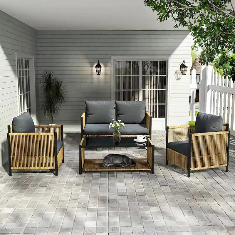 Nouveau salon de jardin 4 pièces en résine tressée marron avec coussins gris