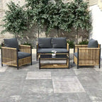 Nouveau salon de jardin 4 pièces en résine tressée marron avec coussins gris
