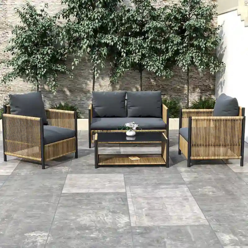 Nouveau salon de jardin 4 pièces en résine tressée marron avec coussins gris