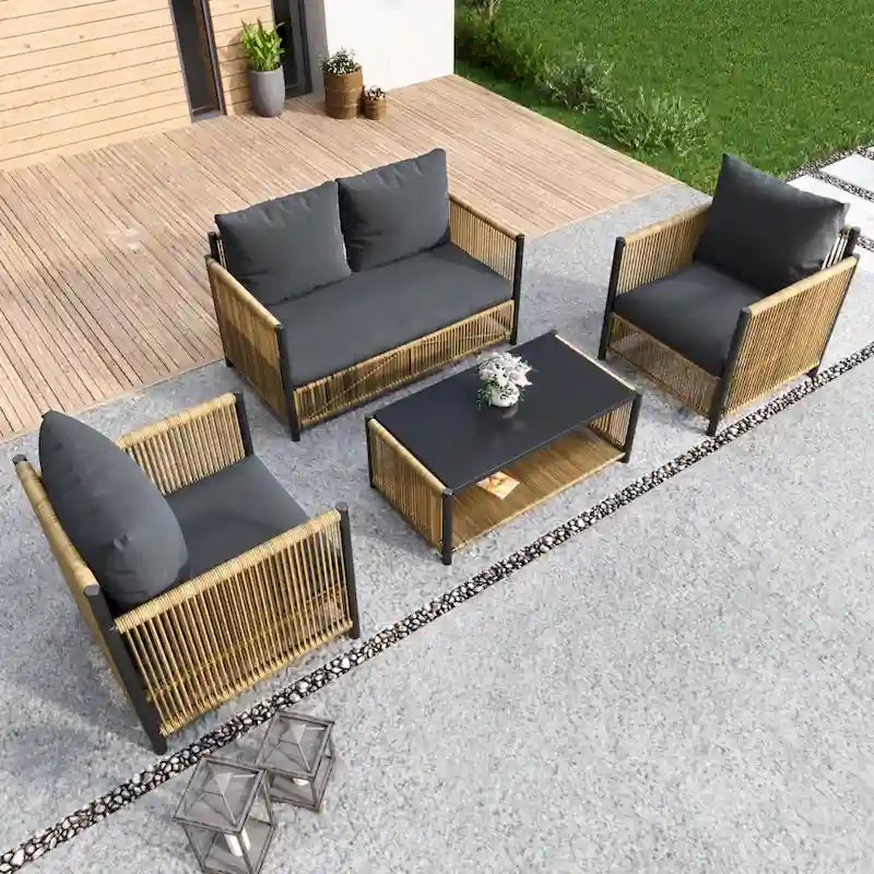 Nouveau salon de jardin 4 pièces en résine tressée marron avec coussins gris