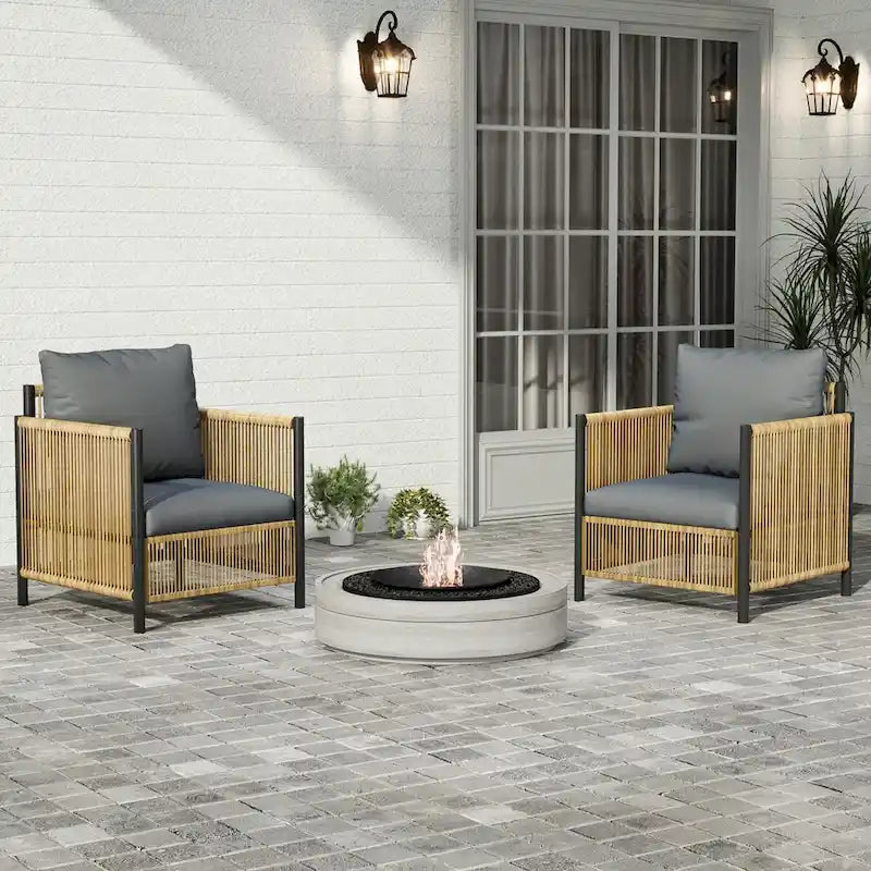 Nouveau salon de jardin 4 pièces en résine tressée marron avec coussins gris