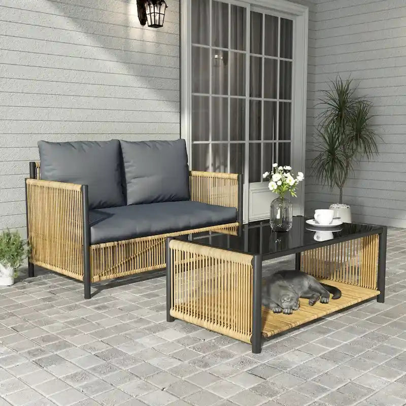 Nouveau salon de jardin 4 pièces en résine tressée marron avec coussins gris