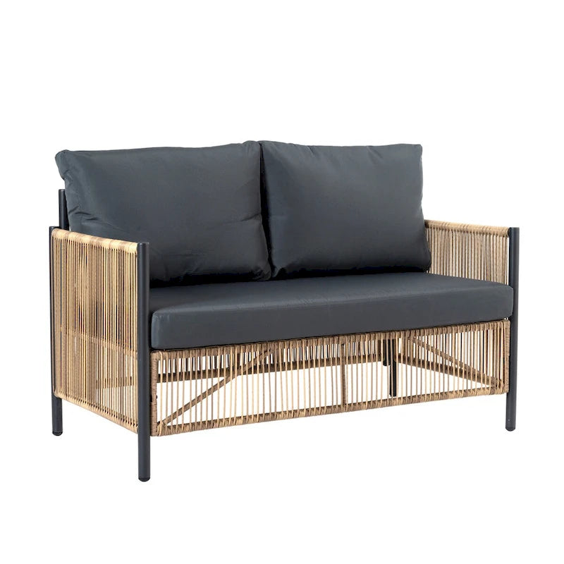 Nouveau salon de jardin 4 pièces en résine tressée marron avec coussins gris