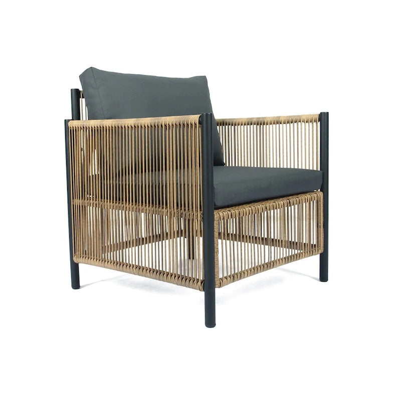 Nouveau salon de jardin 4 pièces en résine tressée marron avec coussins gris