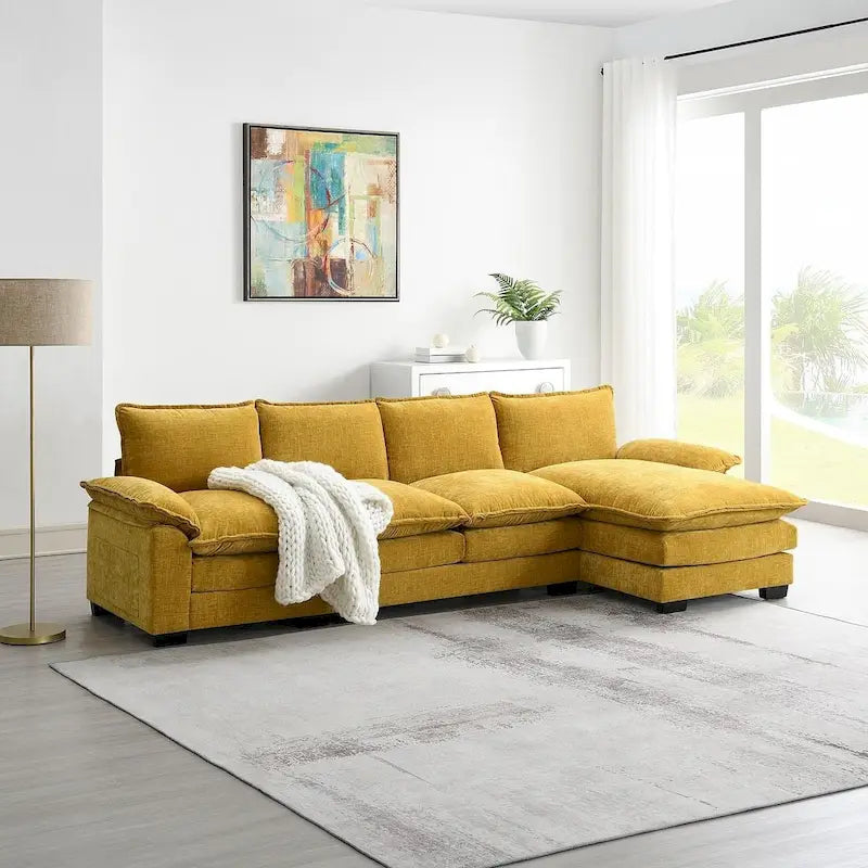 Canapé d'angle en chenille 5 places en forme de L avec chaise longue réversible et fonction couchage pour salon, appartement