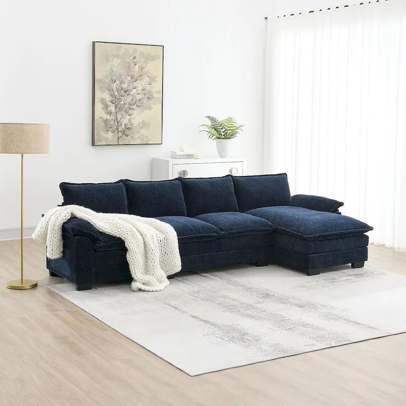 Canapé d'angle en chenille 5 places en forme de L avec chaise longue réversible et fonction couchage pour salon, appartement