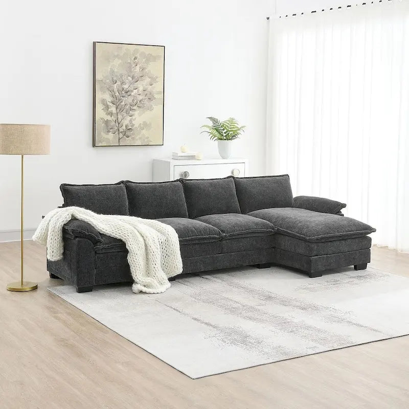 Canapé d'angle en chenille 5 places en forme de L avec chaise longue réversible et fonction couchage pour salon, appartement