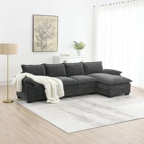 Canapé d'angle en chenille 5 places en forme de L avec chaise longue réversible et fonction couchage pour salon, appartement