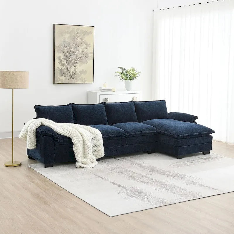 Canapé d'angle en chenille 5 places en forme de L avec chaise longue réversible et fonction couchage pour salon, appartement