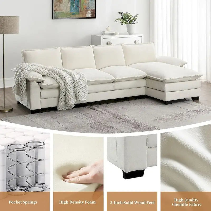 Canapé d'angle en chenille 5 places en forme de L avec chaise longue réversible et fonction couchage pour salon, appartement