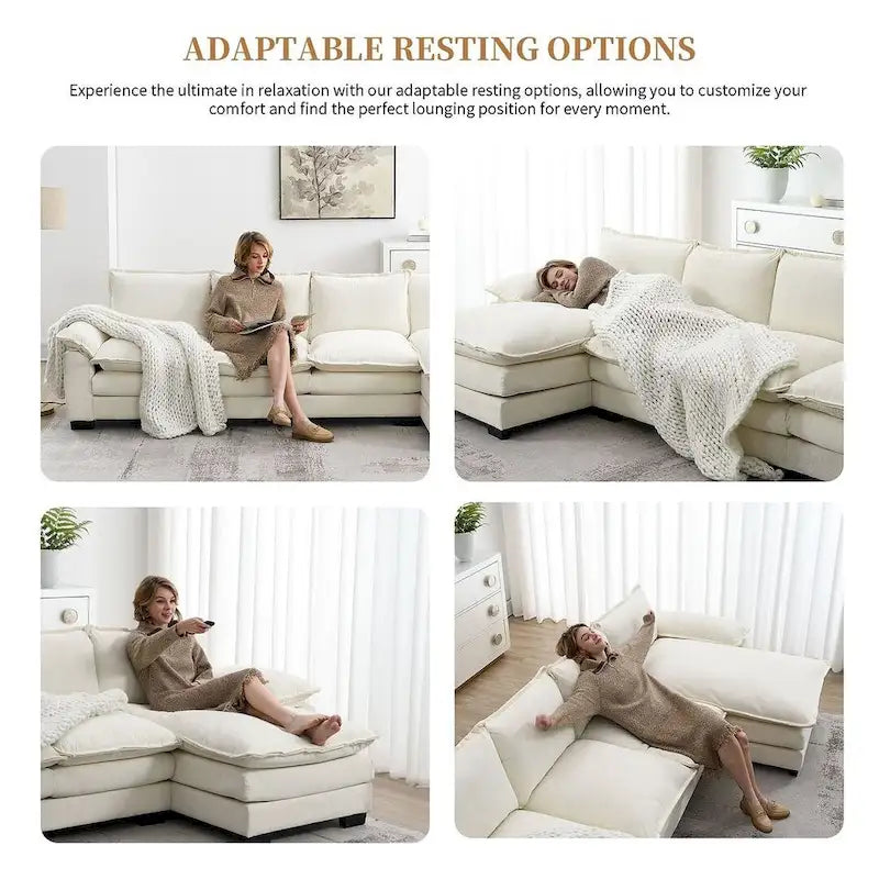 Canapé d'angle en chenille 5 places en forme de L avec chaise longue réversible et fonction couchage pour salon, appartement