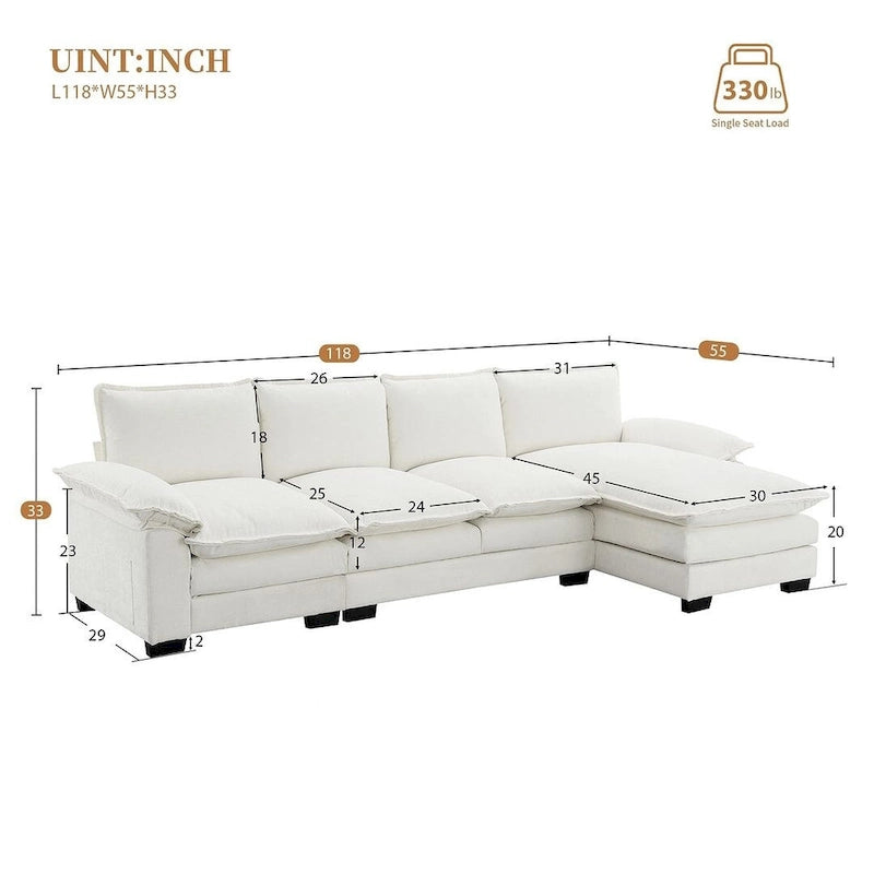 Canapé d'angle en chenille 5 places en forme de L avec chaise longue réversible et fonction couchage pour salon, appartement