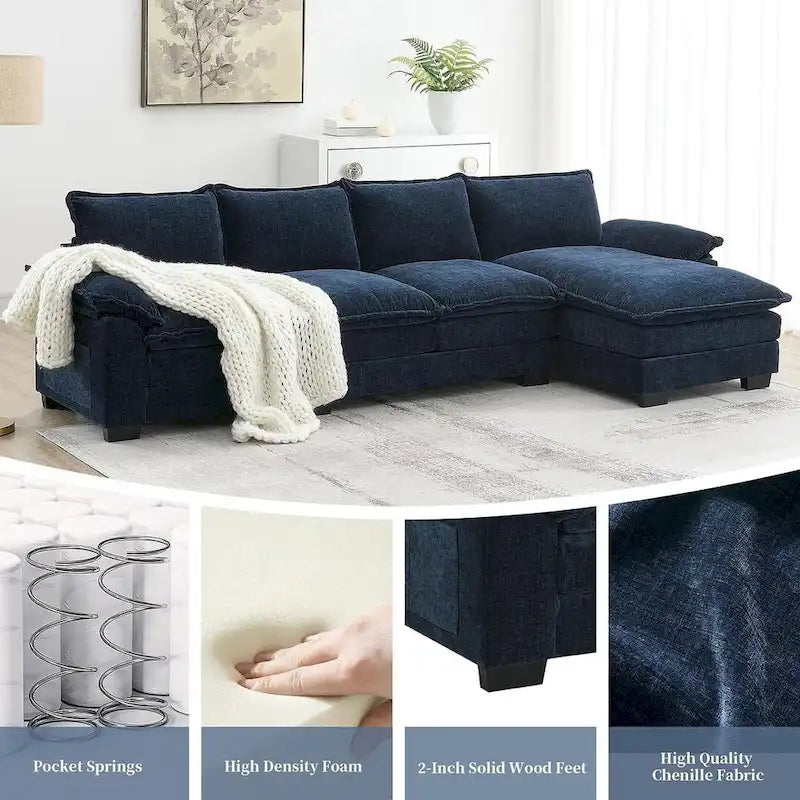 Canapé d'angle en chenille 5 places en forme de L avec chaise longue réversible et fonction couchage pour salon, appartement