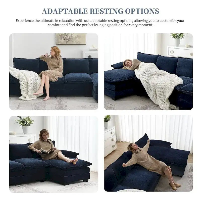 Canapé d'angle en chenille 5 places en forme de L avec chaise longue réversible et fonction couchage pour salon, appartement
