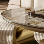 Table basse ovale moderne 51, plateau en pierre frittée, pieds dorés, tiroir - 51,2 X 27,5