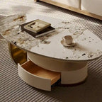 Table basse ovale moderne 51, plateau en pierre frittée, pieds dorés, tiroir - 51,2 X 27,5
