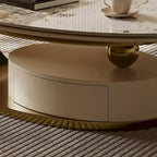 Table basse ovale moderne 51, plateau en pierre frittée, pieds dorés, tiroir - 51,2 X 27,5