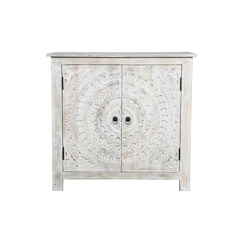 Buffet d'appoint 2 portes sculpté à la main, finition blanchie
