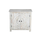 Buffet d'appoint 2 portes sculpté à la main, finition blanchie