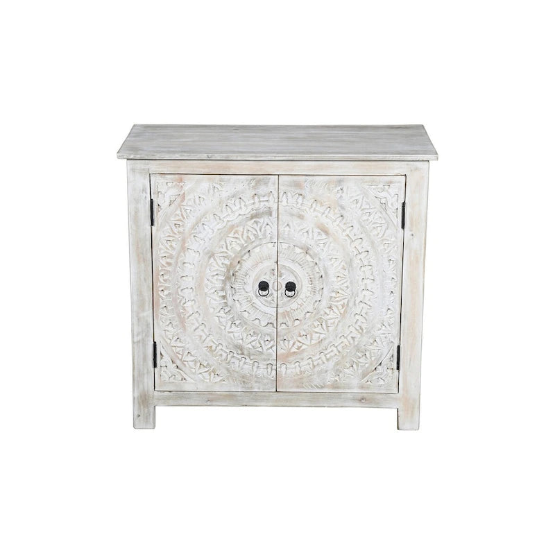 Buffet d'appoint 2 portes sculpté à la main, finition blanchie