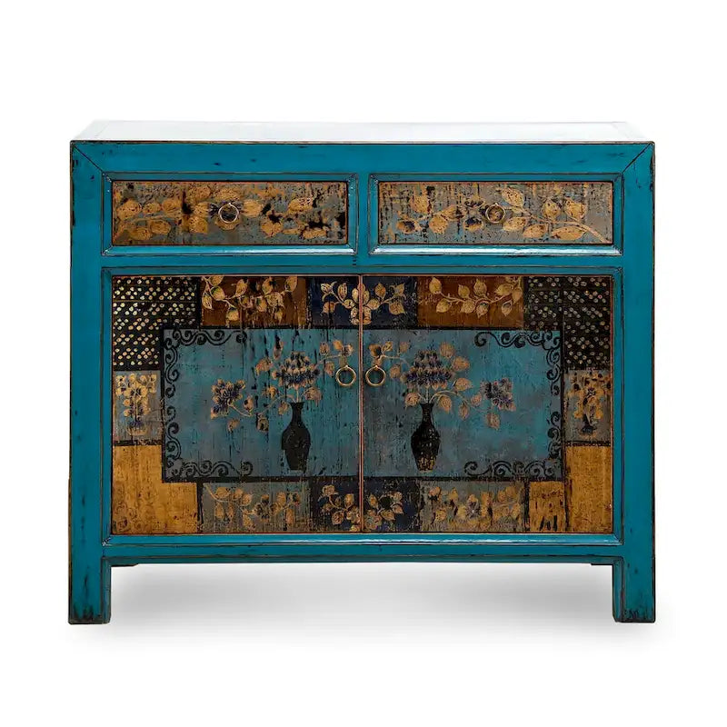  Floral Cabinet Antique Indigo With two Drawers 38X16X33H - 16 L x 38.5 W x 33 H