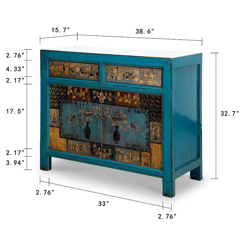 Cabinet floral indigo antique à deux tiroirs 38X16X33H - 16 L x 38.5 W x 33 H