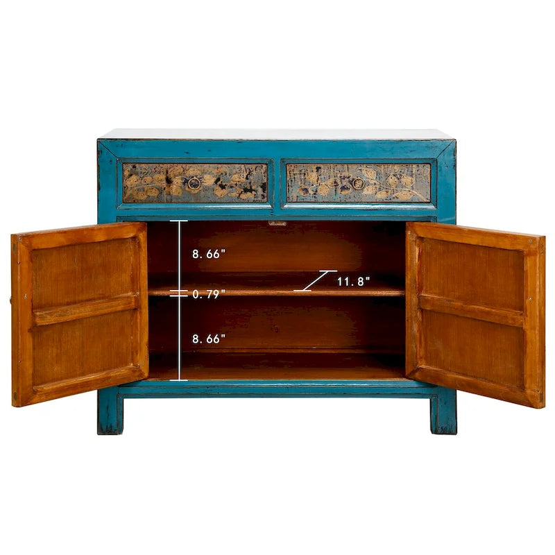 Cabinet floral indigo antique à deux tiroirs 38X16X33H - 16 L x 38.5 W x 33 H
