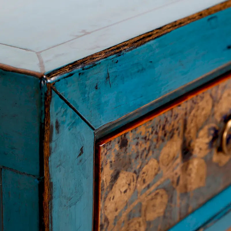 Cabinet floral indigo antique à deux tiroirs 38X16X33H - 16 L x 38.5 W x 33 H