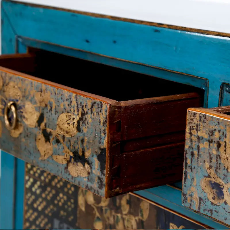 Cabinet floral indigo antique à deux tiroirs 38X16X33H - 16 L x 38.5 W x 33 H