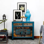 Cabinet floral indigo antique à deux tiroirs 38X16X33H - 16 L x 38.5 W x 33 H